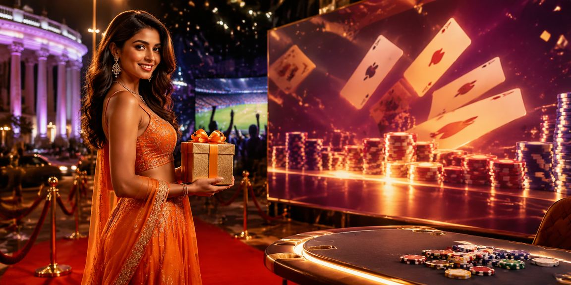 Evening neon-lit gambling scene in Delhi showing card games